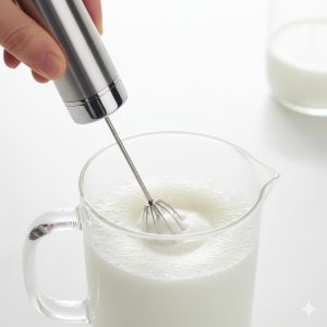 Hand frothing cold milk with a milk frother for iced coffee