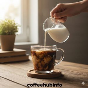 Adding milk to soluble coffee for a creamy taste
