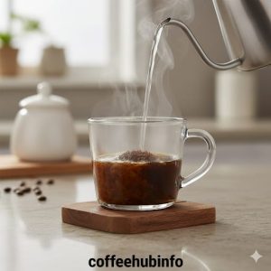 Hot water being poured into a cup of soluble coffee
