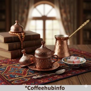 Traditional Turkish coffee served in an ornate cup with saucer on a decorated table