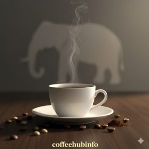 Luxury cup of Black Ivory coffee with elephant silhouette in background