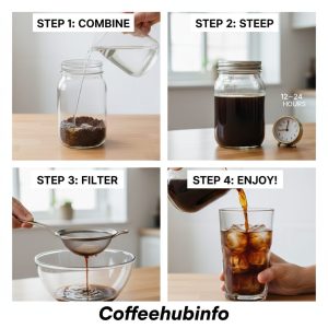 Step-by-step cold brew process from grinding to serving over ice