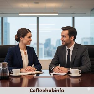 Business professionals discussing over coffee in a formal office meeting