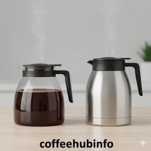 Side-by-side image of a glass coffee carafe and a thermal coffee carafe