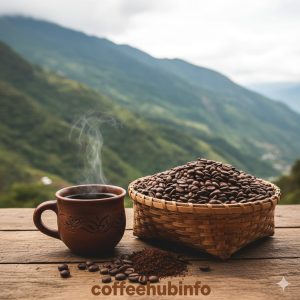 Colombian coffee beans in basket with cup on rustic background