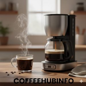 A hot cup of freshly brewed coffee with steam beside a coffee maker