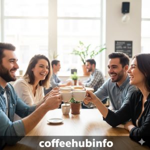 Friends clinking coffee mugs together in a café