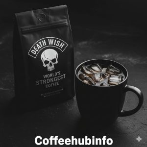 Death Wish Coffee dark roast bag with intense cold brew mug