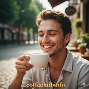 Smiling person enjoying a cup of coffee outdoors after recovering from wisdom teeth removal