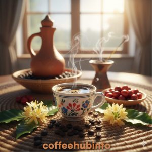 Ethiopian Yirgacheffe coffee cup with beans and floral accents