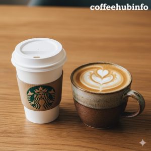 Starbucks paper cup next to a latte from an indie coffee shop