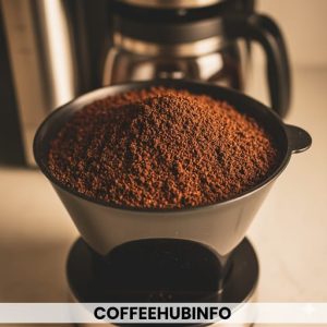 Close-up of a coffee maker filter basket filled with ground coffee