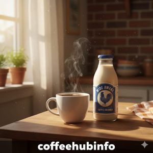 A cozy morning coffee scene with Wide Awake Coffee Creamer bottle and a cup of steaming coffee on a kitchen counter