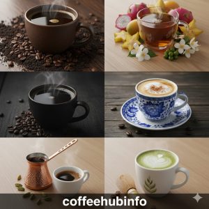 Collage of different coffee cups from around the world