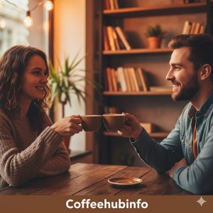 Two friends clinking coffee cups together at a wooden table