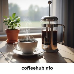 Cozy morning scene with a cup of coffee and a no plastic coffee maker on the table