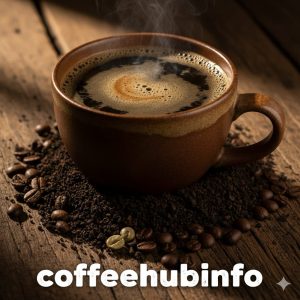 Cup of Guatemalan Antigua coffee on rustic wooden table with beans