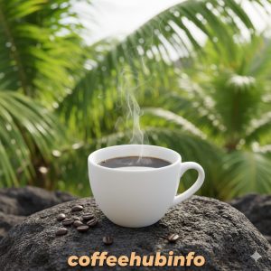 Cup of Hawaiian Kona coffee on volcanic rock with tropical background