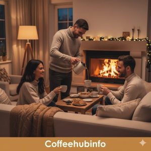 Host serving hot coffee to guests in a cozy living room
