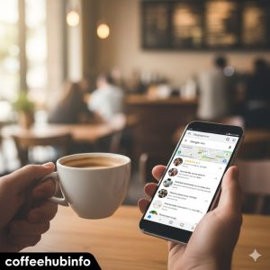 Person holding a coffee cup while checking coffee shop reviews on mobile phone