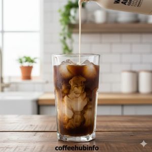 Wide Awake Coffee Creamer being poured into a glass of iced coffee on a wooden table