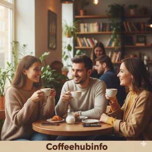 Friends enjoying coffee politely in a cozy café with natural light