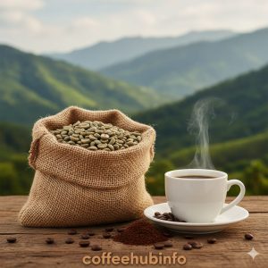 Jamaican Blue Mountain coffee beans in a burlap sack with cup beside