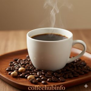 A cup of Kopi Luwak coffee with roasted beans on a wooden tray