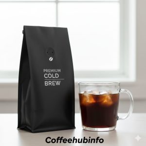 Lifeboost medium roast bag with cold brew glass on a clean background