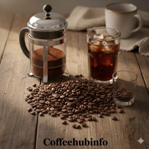 Fresh roasted coffee beans with French press and cold brew glass