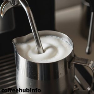 Close-up of a coffee machine steam wand frothing milk in a jug