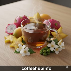 Elegant glass cup of Panama Geisha coffee with jasmine flowers