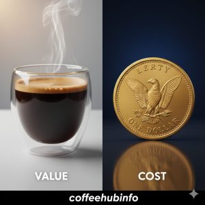 Split image of premium coffee cup and golden dollar coin