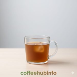Lukewarm coffee in a clear glass mug on a light background