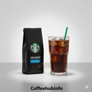 Starbucks Cold Brew Blend bag with iced coffee and green straw