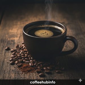 Dark roasted Sumatra Mandheling coffee cup on wooden surface