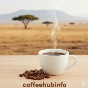 Tanzanian Peaberry coffee cup with peaberry beans beside it