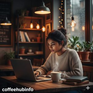 Student studying in a café with laptop and coffee on the table