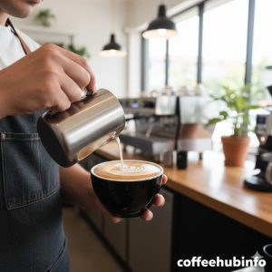 Barista making latte art in a well-lit café