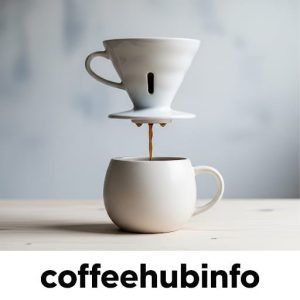 White ceramic pour-over coffee maker with coffee dripping into a mug