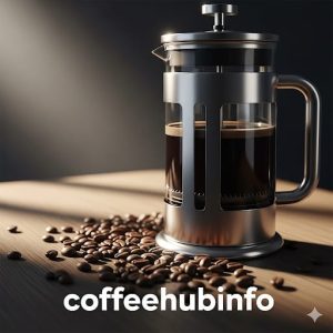 Stainless steel French press coffee maker with coffee beans on the table