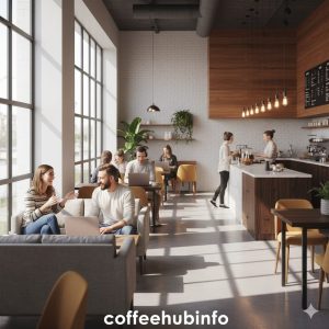 People working on laptops and chatting inside a modern coffee shop