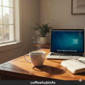 A cup of coffee placed beside a laptop on a wooden desk, symbolizing focus and work.