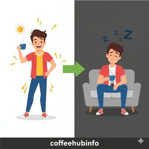 Split concept showing an energetic person with coffee on one side and a tired person with coffee on the other.