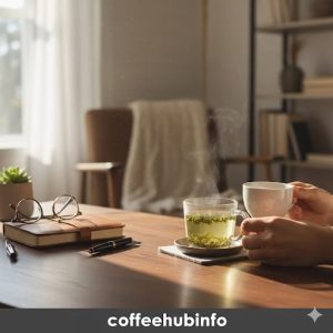 A person replacing coffee with green tea on a cozy desk setup for relaxation and focus.