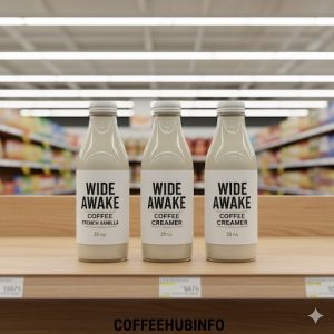 Different flavors of Wide Awake Coffee Creamer including French Vanilla, Hazelnut, and Caramel Macchiato on a shelf