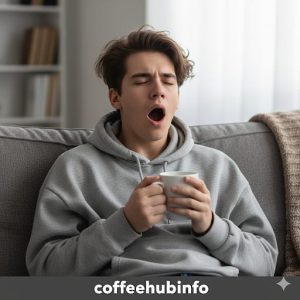 A young person yawning and holding a coffee mug, looking sleepy despite caffeine intake.