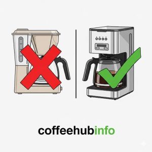 Side-by-side comparison of plastic coffee maker with a red cross and stainless steel coffee maker with a green check