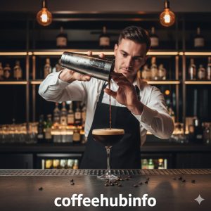 Bartender preparing an espresso martini with a cocktail shaker.