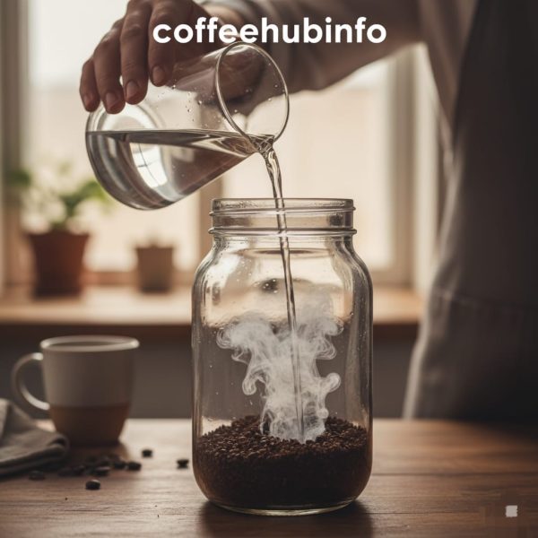 Cold brew coffee steeping in a glass jar with coffee grounds